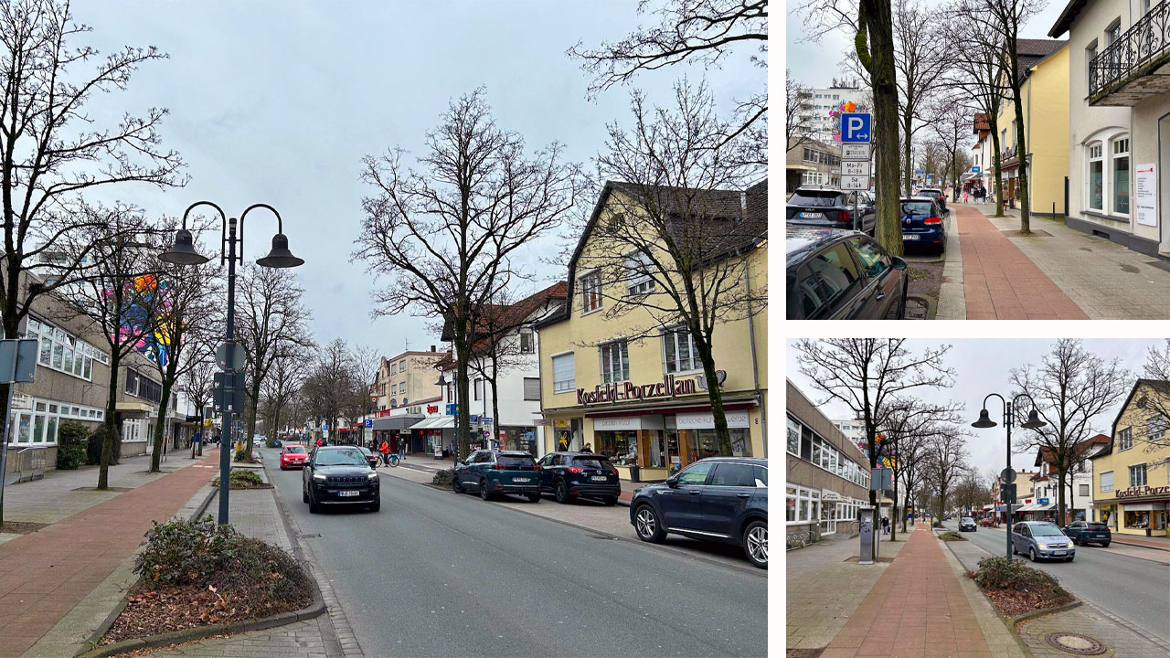 Drei Bilder der Bielefelder Straße in Schloß Neuhaus, die die aktuelle Verkehrssituation darstellen.